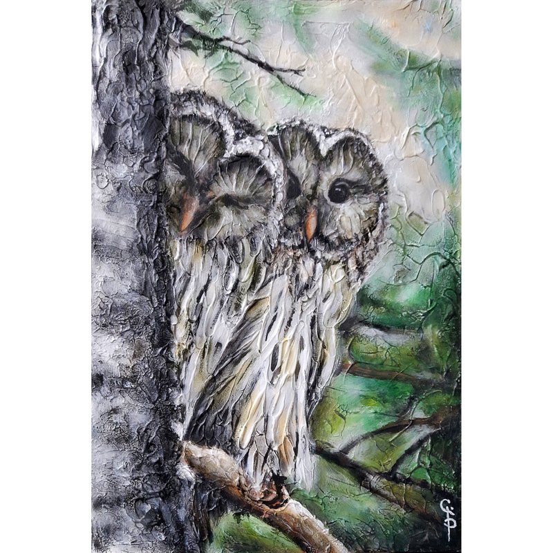 Owl Painting Canvas Original Oil Art Winter Forest Wild Bird Abstract Modern - 壁貼/牆壁裝飾 - 其他材質 多色