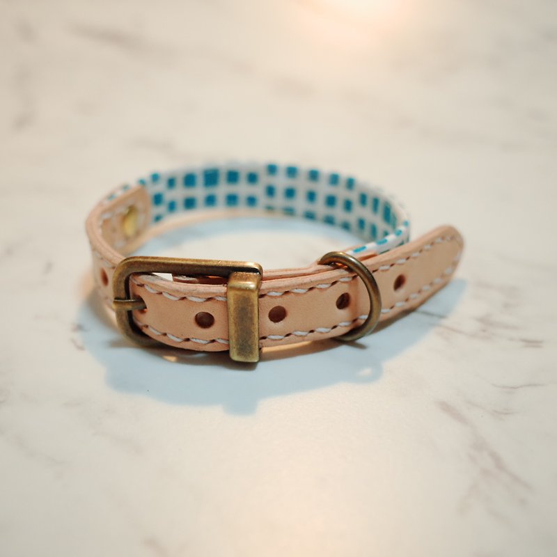 Small dog big cat size S collar Teal square flower porcelain can be purchased with tag and bell - Collars & Leashes - Cotton & Hemp 