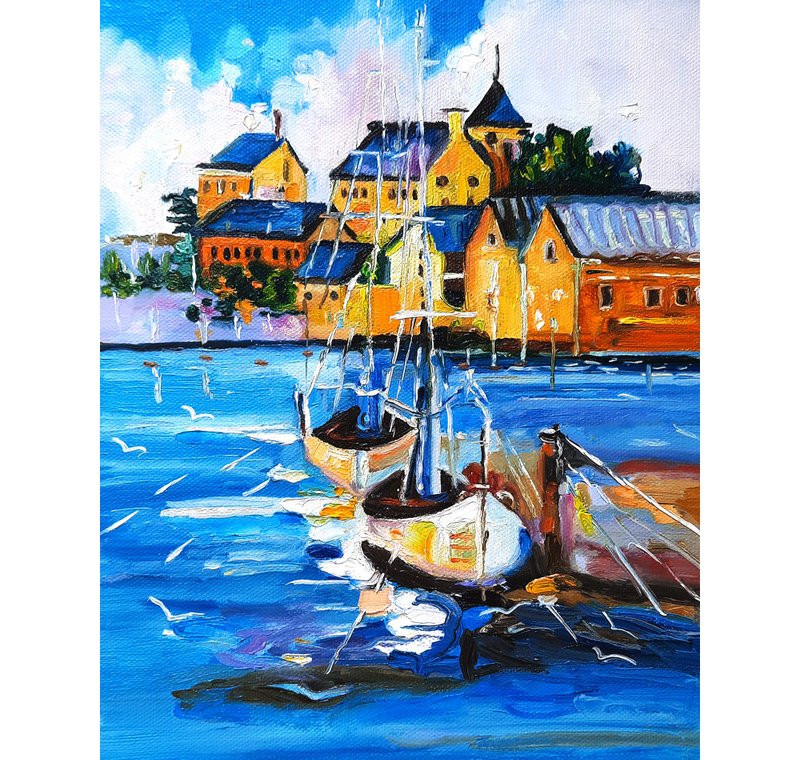 Sailboat  Art  Original  Oil Painting  Wall Decor Oil On Canvas - 牆貼/牆身裝飾 - 其他材質 藍色