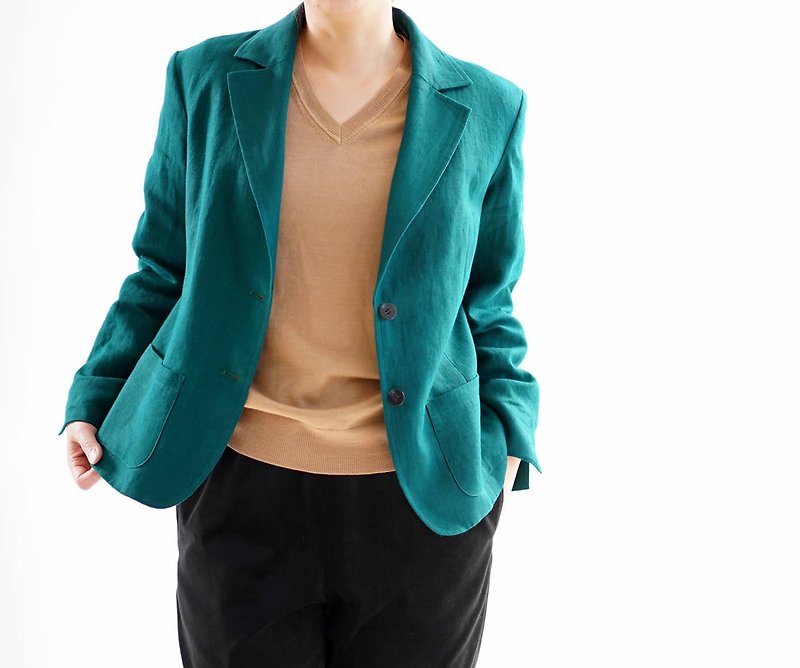 wafu+ 暖リネン テーラードジャケット ノッチド・ラぺル /ビリジアン b18-9 - 女西裝外套 - 棉．麻 綠色