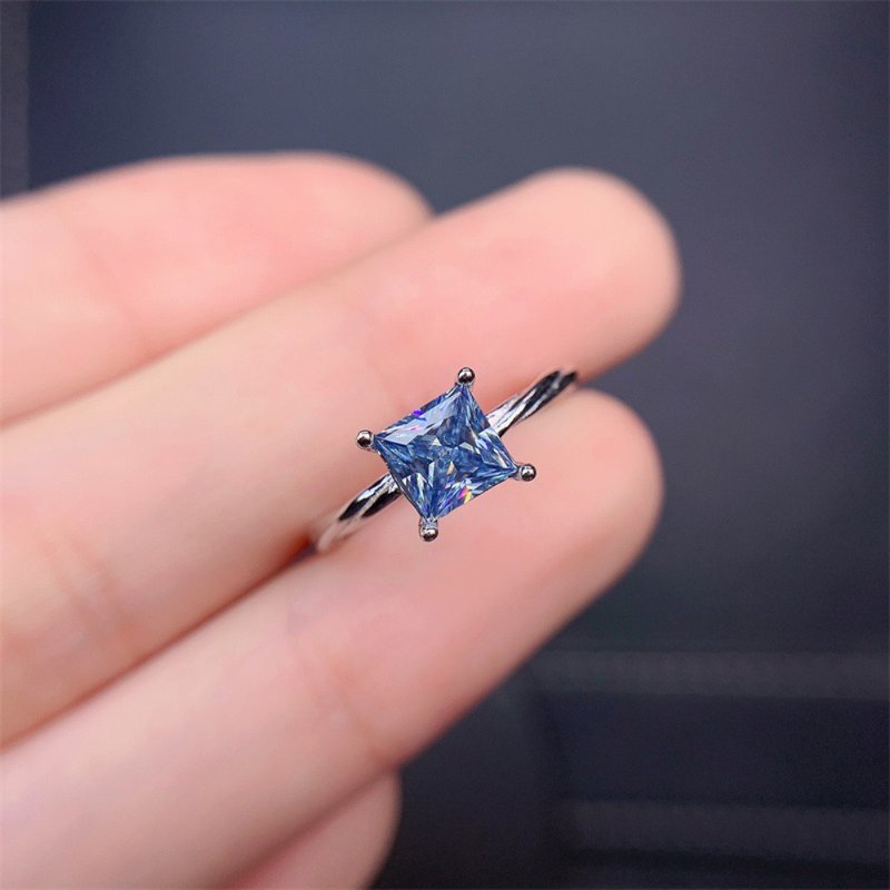 Blue Moissanite Ring, 1 Ct Moissanite Ring, Crackling Moissanite Ring - 戒指 - 其他金屬 銀色