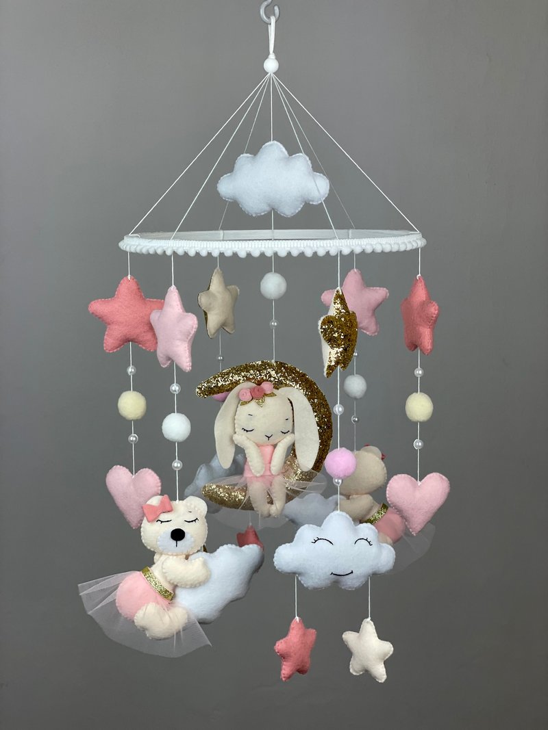 Bunny baby mobile girl Felt bunny mobile Baby crib mobile hanger New baby gift - 寶寶/兒童玩具/玩偶 - 其他材質 粉紅色