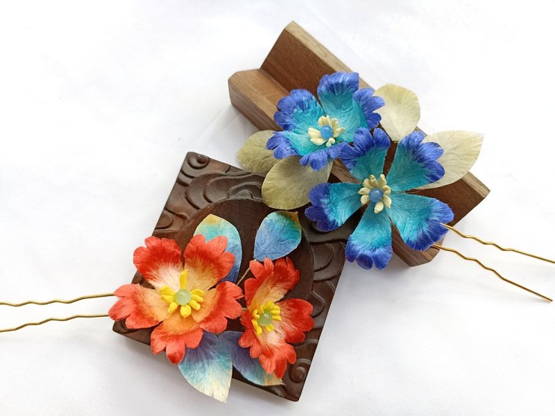 Red/Blue Velvet Flower Traditional Handmade Hairpin Head Accessories - Hair Accessories - Thread Multicolor