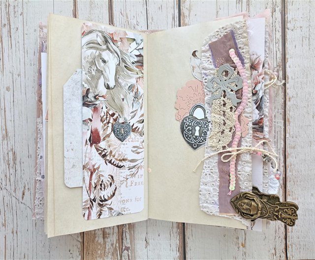 Horse junk journal handmade Lace roses dairy Cottage life notebook