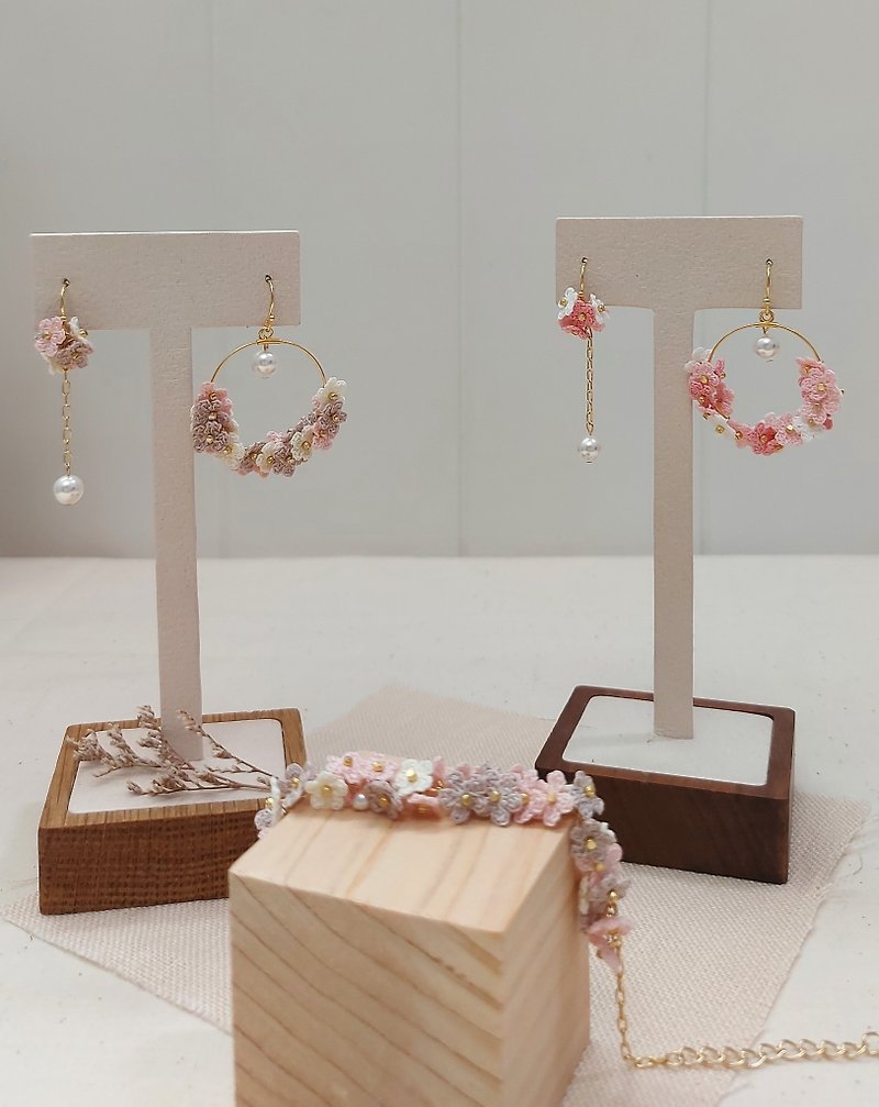 Cotton & Hemp Earrings & Clip-ons - [Flower Series] Pearl asymmetric earrings crochet lace knitted ear stitches / Clip-On