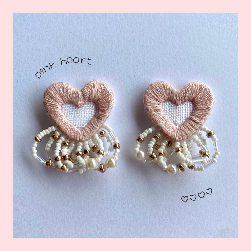 Heart Heart (Baby Pink) Embroidered Clip-On - ต่างหู - งานปัก สึชมพู