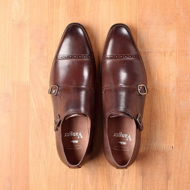 Vanger Classic Horizontal Embossed Double Button Monk Shoes Va228 Deep Coffee - รองเท้าลำลองผู้ชาย - หนังแท้ สีนำ้ตาล