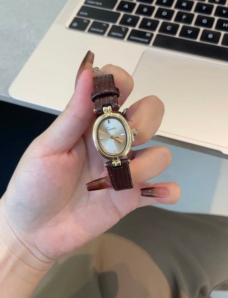 YuanPearl高級復古中古手錶橢圓形棕皮帶小眾設計高級百搭氣質 - 女錶 - 貴金屬 咖啡色
