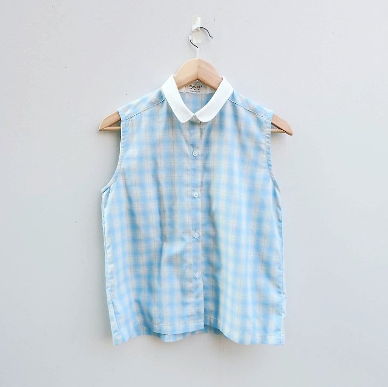 cc sleeveless shirt : Tartan Blue - 背心/無袖上衣 - 棉．麻 藍色