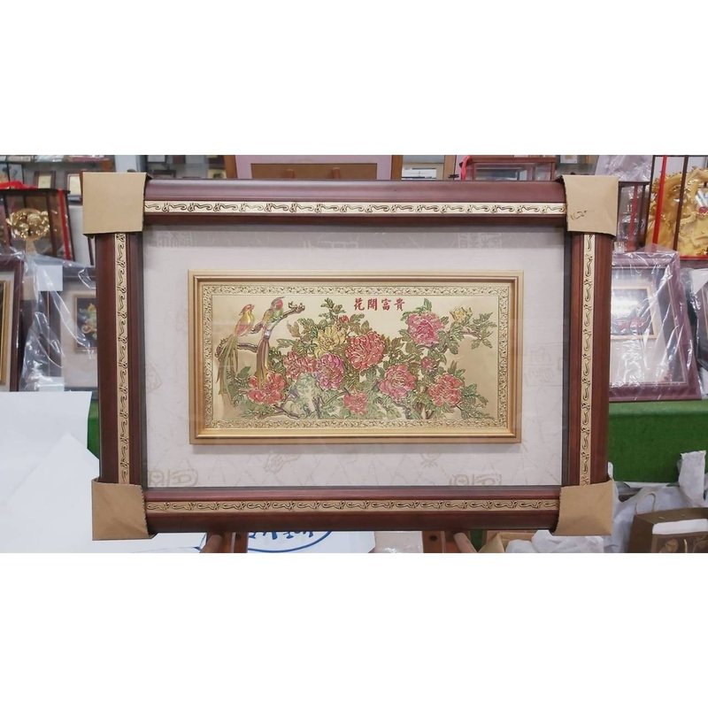 Plaque, gold foil painting, flowers blooming, wealth, opening gift, promotion gift, retirement gift, wedding gift - อื่นๆ - วัสดุอื่นๆ สีทอง