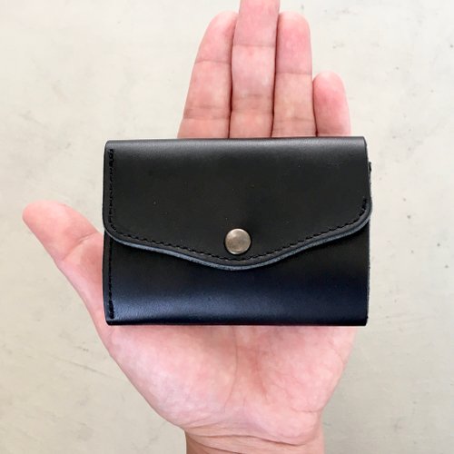 CHO-Leather 栃木レザー ヌメ革の三つ折コンパクト財布 選べる無料or有料刻印【ブラック】