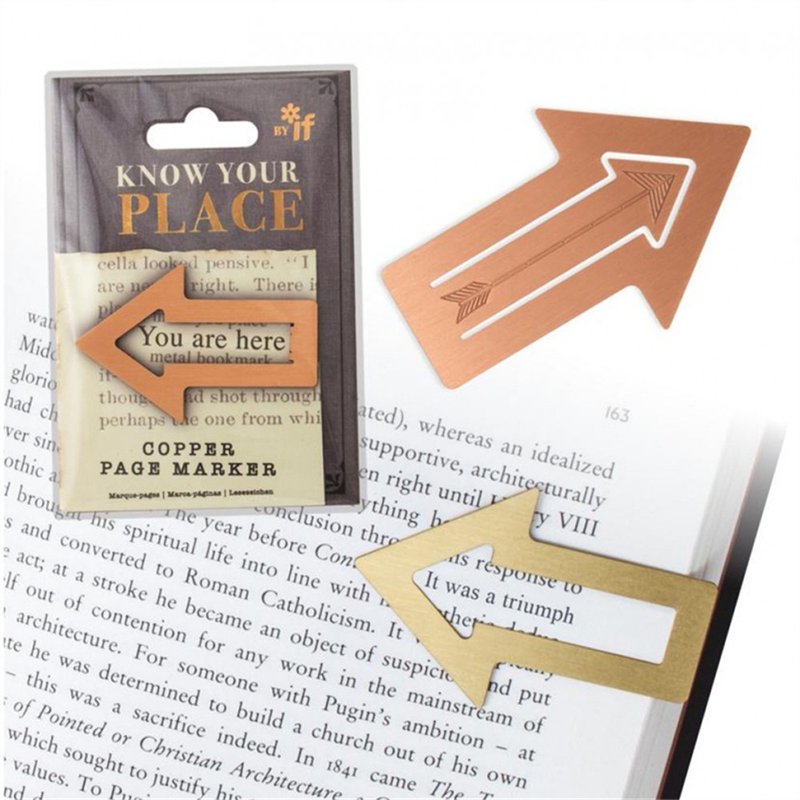 English text, a metal arrows indicate the IF tag Bronze/ Bronze - ที่คั่นหนังสือ - โลหะ สีทอง