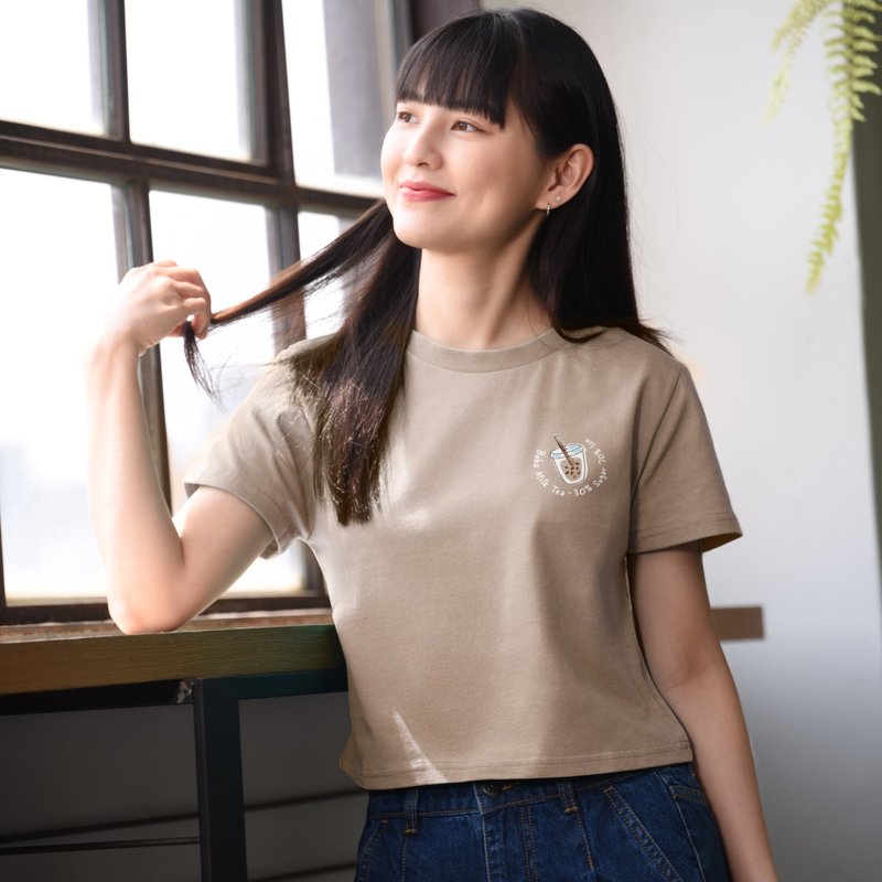 【台灣小吃系列Tee】波霸奶茶奶綠少冰微糖。流行短版細纖純棉 - 女 T 恤 - 棉．麻 