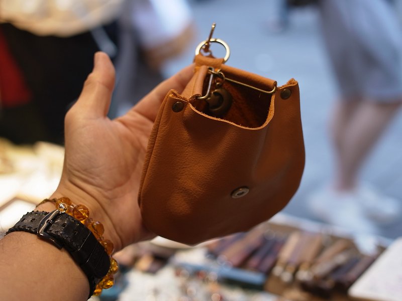 Genuine leather triangular rice kiss lock bag - Keychains - Genuine Leather Brown