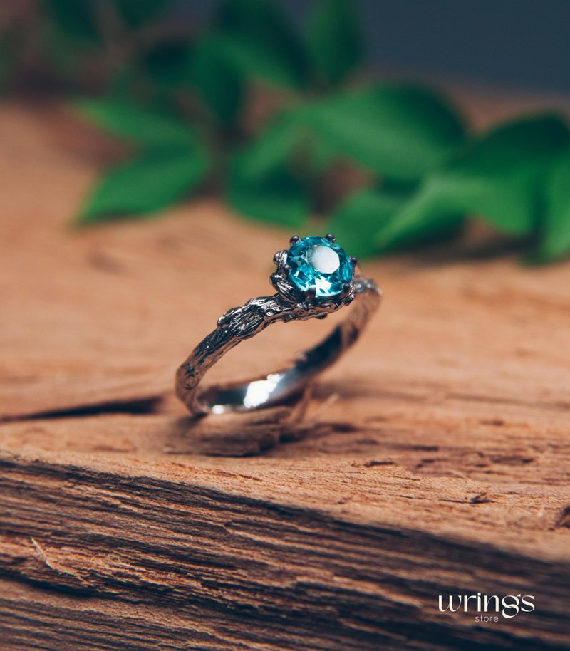 Dainty Twig and Blue Topaz Engagement Ring Silver Nature inspired Custom Stone - General Rings - Silver Blue