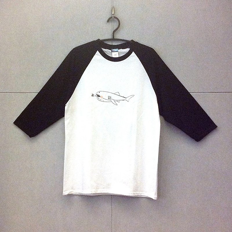 Design No.MS202 - 7分丈ベースボールTシャツ#メガマウス - トップス ユニセックス - コットン・麻 ブラック