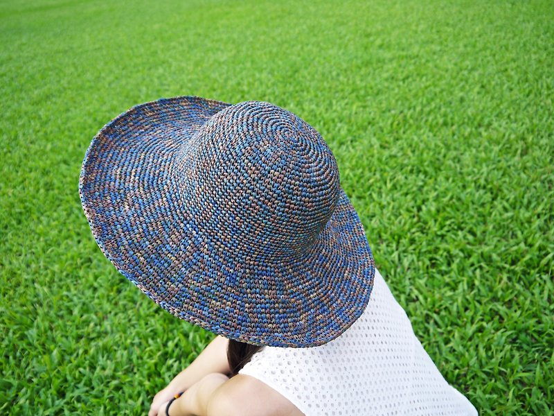 Amu’s Handmade Hat-Summer Raffia/Paper Rope Hat-Foldable and Enlarged Round Hat-Turkish Folklore/Mother’s Day - หมวก - กระดาษ สีน้ำเงิน
