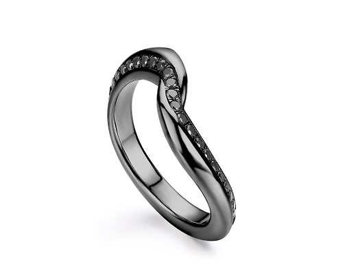 Majade Jewelry Design 黑鑽石14k金結婚戒指 密釘永恆戒指 獨特漩渦造型訂婚男士戒指