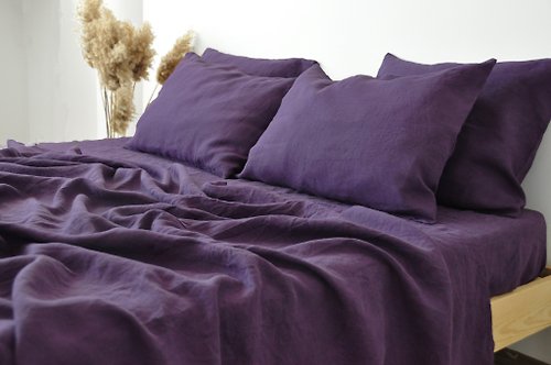 True Things Deep purple linen sheet set / Flat+fitted sheet+2 pillowcases / Purple bedding