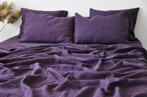 深紫のリネンシーツセット / フラット+ボックスシーツ+枕カバー2枚