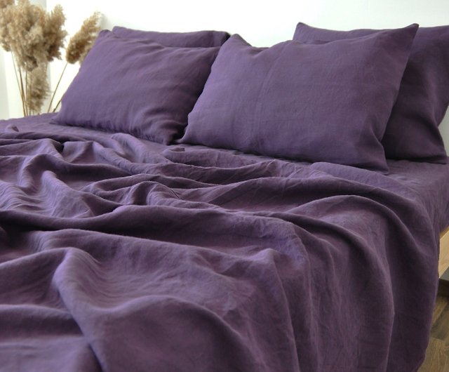 深紫のリネンシーツセット / フラット+ボックスシーツ+枕カバー2枚 