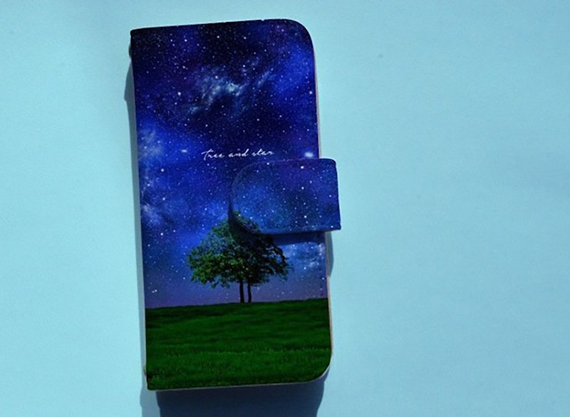[Compatible with all models] Free shipping [Notebook type] Tree and star smartphone case - Phone Cases - Genuine Leather Blue