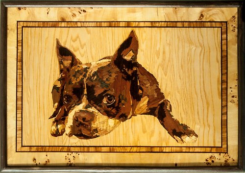 Woodins French Bulldog dog portrait inlay framed mosaic wood panel ready to hang home