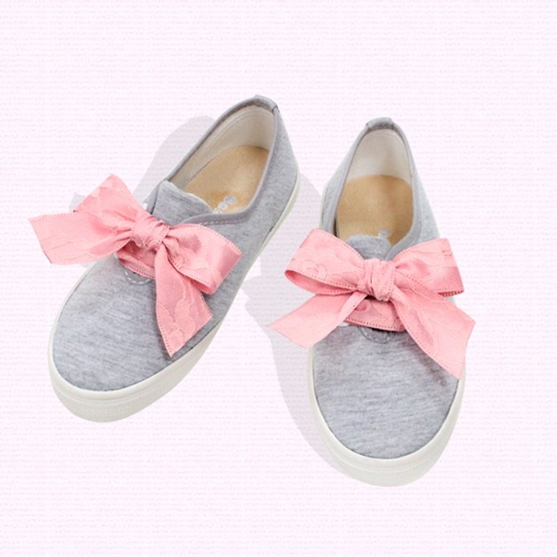 Lace casual shoes - gray pink - รองเท้าเด็ก - ผ้าฝ้าย/ผ้าลินิน สึชมพู