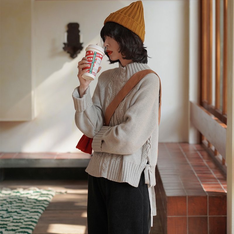 Cable-Tie Half Turtleneck Sweater|Knitwear|Winter|Sora-875 - Women's Sweaters - Cotton & Hemp Gray