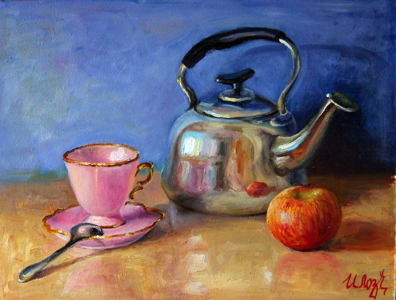 Still life oil painting Original Art Cup Teapot Apple artwork kitchen wall art - ตกแต่งผนัง - วัสดุอื่นๆ หลากหลายสี