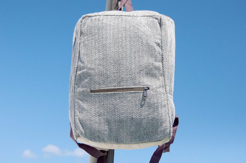 棉麻拼接設計後背包 肩背包 民族登山包 手工電腦包-簡約森林風 - 背囊/背包 - 棉．麻 藍色