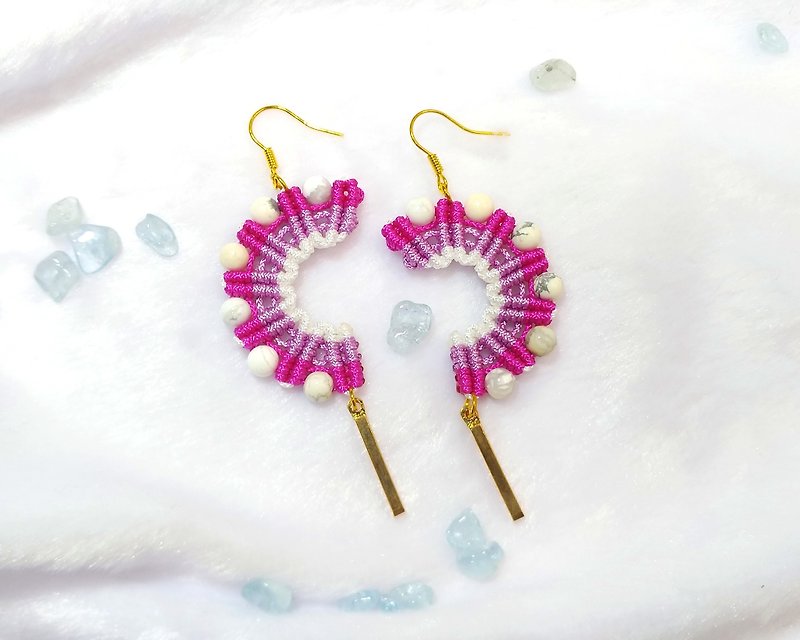 E002-Hand Woven White Stone Earrings Half Moon Curved - Earrings & Clip-ons - Nylon Pink