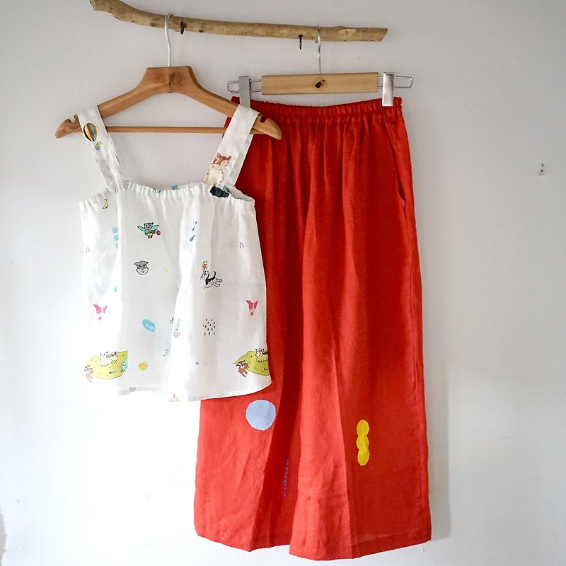 Sweet Red Watermelon Puppy / Dot Raindrops Linen Pocket Soft Wide Pants - Women's Pants - Cotton & Hemp Red