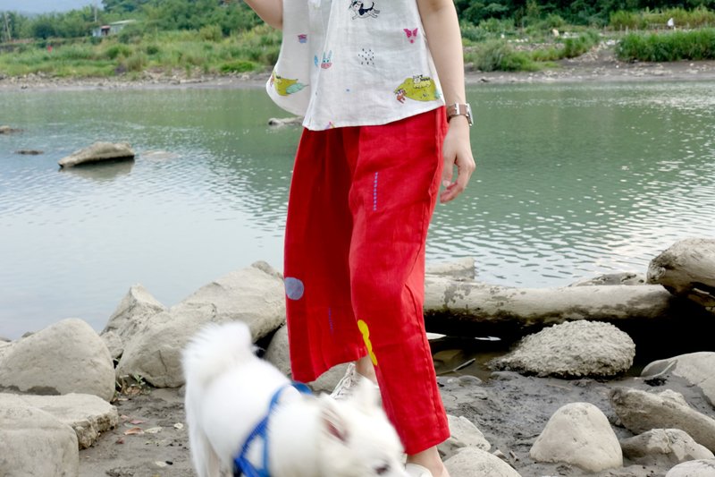 甜甜紅色西瓜小狗 / 圓點雨滴亞麻口袋輕柔寬褲 - 女長褲 - 棉．麻 紅色