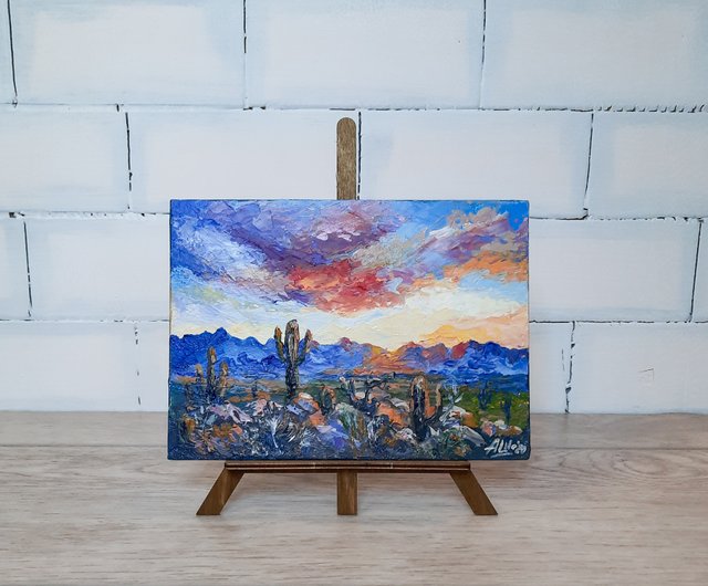 夕焼けの空の絵画 オリジナルアクリル画 サワロサボテンアート