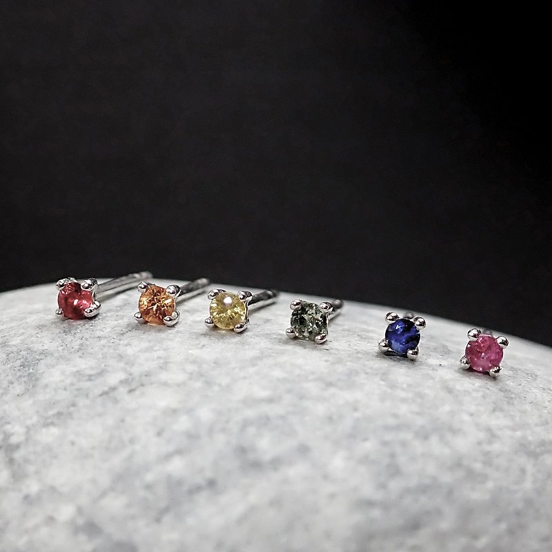 [Single style] - For you in rainbow colors | 2mm colored natural corundum/sapphire earrings - Earrings & Clip-ons - Sterling Silver Silver