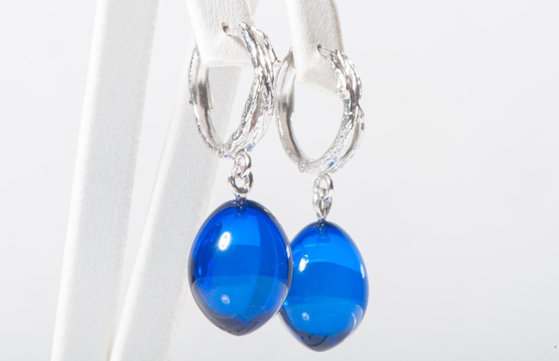 Handmade Blue Amber Earrings - Exclusive Baltic Gemstone Jewelry Gift - Earrings & Clip-ons - Semi-Precious Stones Blue