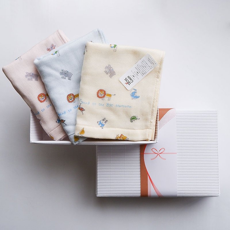 【kontex】日本製純綿100％ 三層ガーゼタオル ギフトボックス - Zoo（手提げ袋付き） - 出産祝い用贈物 - コットン・麻 多色