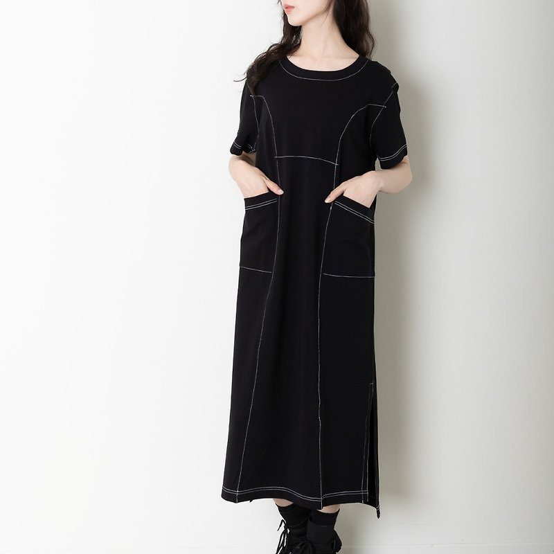 Color matching slit long dress | Charcoal - ชุดเดรส - ผ้าฝ้าย/ผ้าลินิน สีดำ