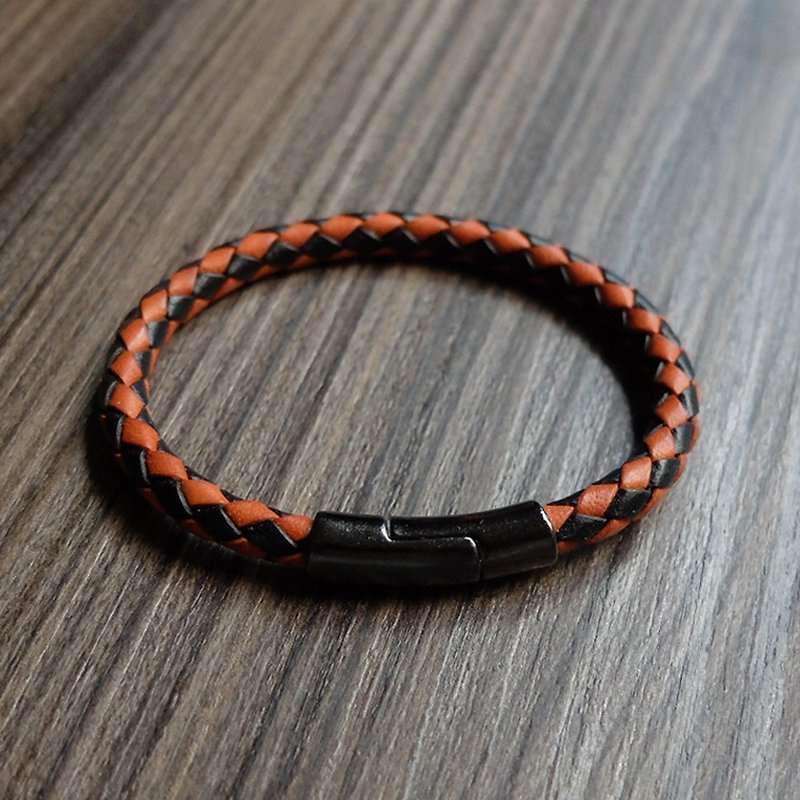 Black leather woven metal magnetic clasp bracelet (orange + black braided leather cord / black metal fastener) - Bracelets - Genuine Leather Black