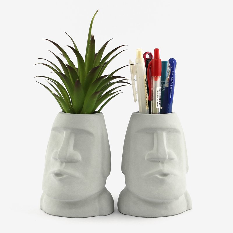 Cement Moai Moai-new boo mouth Moai Moai pen holder succulent plant pot - ตุ๊กตา - ปูน สีเทา