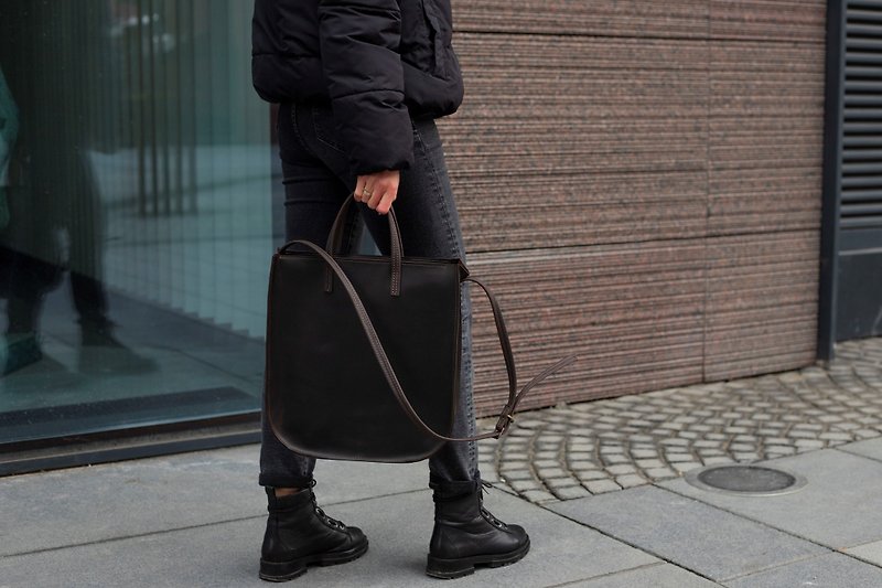 Genuine leather shoulder tote bag, leather tote bag, minimalist tote bag - Handbags & Totes - Genuine Leather Multicolor