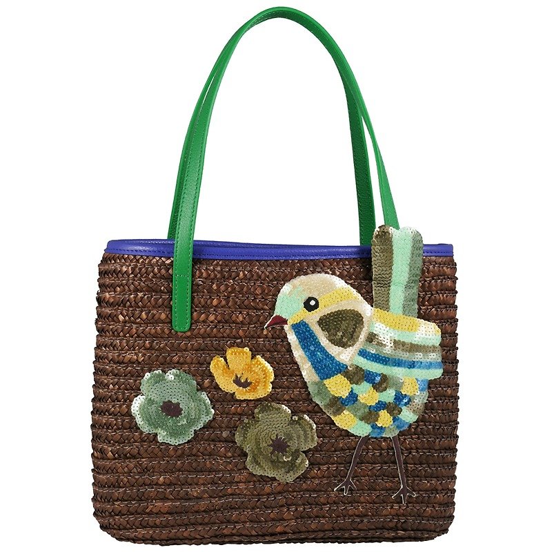 Finch Beaded Straw Bag - กระเป๋าถือ - พืช/ดอกไม้ สีเขียว