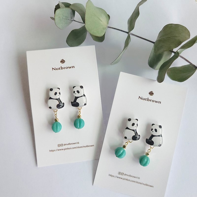 Animal Series-Big Panda Panda Green Bamboo Czech Bead Earrings/ Clip-On - Earrings & Clip-ons - Resin Multicolor