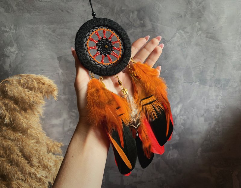 Black orange Dream catcher small size ตาข่ายดักฝันสีส้มดำ ไซส์เล็ก - Wall Décor - Gemstone Orange