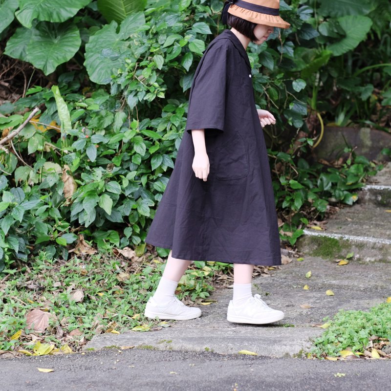 Ink black sailor neck wrinkled umbrella dress - Women's Tops - Cotton & Hemp Black