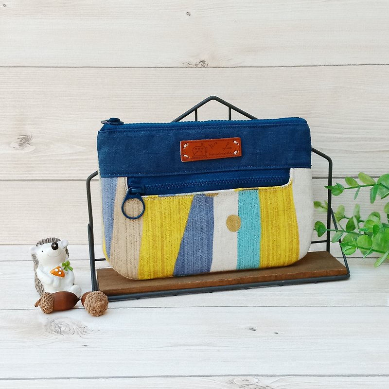 【Double-layer coin purse】Yellow and blue ink color block - Coin Purses - Cotton & Hemp Yellow