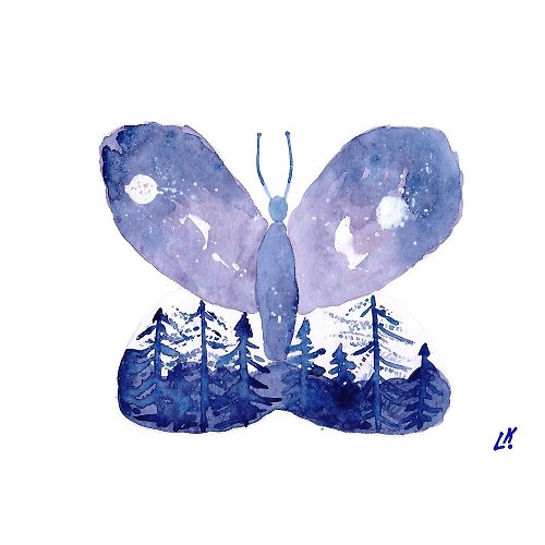 Artkingdom7 Butterfly Painting Space Original Art Watercolor Galactic Butterfly Night Sky