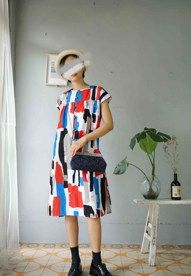 Design handmade - European style artistic big color geometric print cotton Linen dress with long sleeves - One Piece Dresses - Cotton & Hemp Multicolor