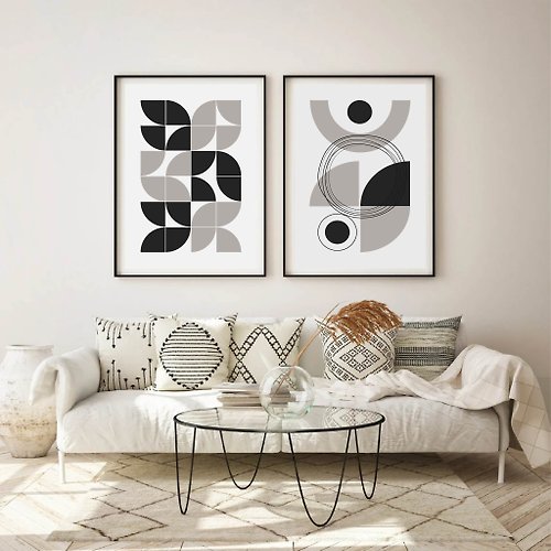 夏日神殿 Electronic file, set of 2 posters, abstract geometric wall art, black home decor